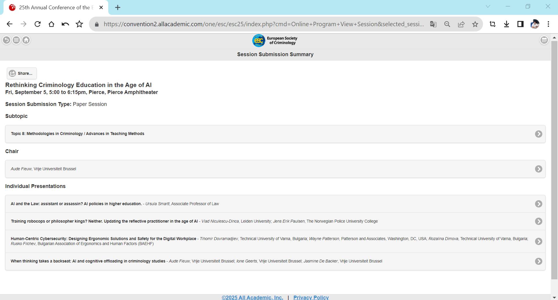 Professor (Assoc.) Dr. Eng.  Tihomir Dovramadjiev (Тихомир Доврамаджиев) 25th Annual Conference of the European Society of Criminology ESC Athens, Greece https://eurocrim2025.com/   The 25th Annual Conference of the European Society of Criminology (ESC), Athens, Greece, 3-6 September 2025, EUROCRIM 2025, Τhe American College of Greece (ACG)  https://eurocrim2025.com/scientific-programme-structure/   PROGRAM  https://eurocrim2025.com/wp-content/uploads/2025/09/PDF-Program-V1-Eurocrim2025.pdf   BOOK OF ABSTRACTS  https://eurocrim2025.com/wp-content/uploads/2025/09/Book-of-abstracts-V1-Eurocrim2025.pdf 